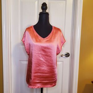 Charlie B Satin Viscose & Knit Short Drop Sleeve  Vneck Top Watermelon SMALL